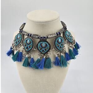 Boho Beaded Festival India Afghan Silver Tone Tassel Adjustable Choker Necklace